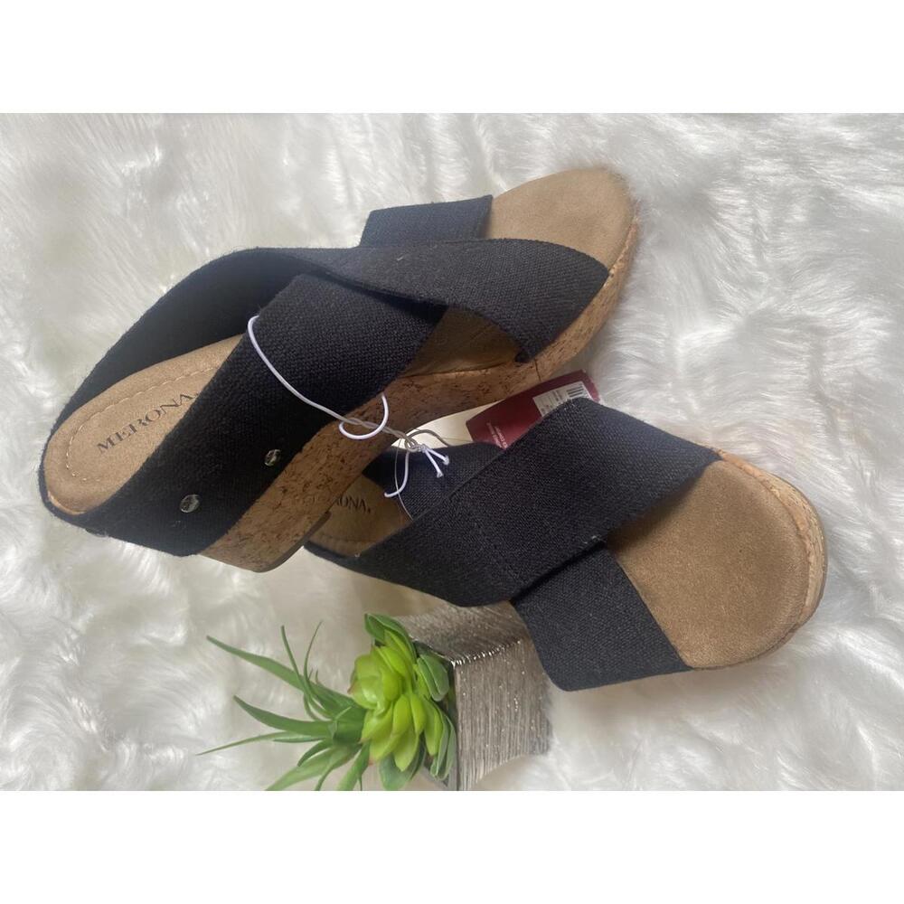 Merona Black Crisscross Wedge Sandals with Cork Heel  Size 9.5
